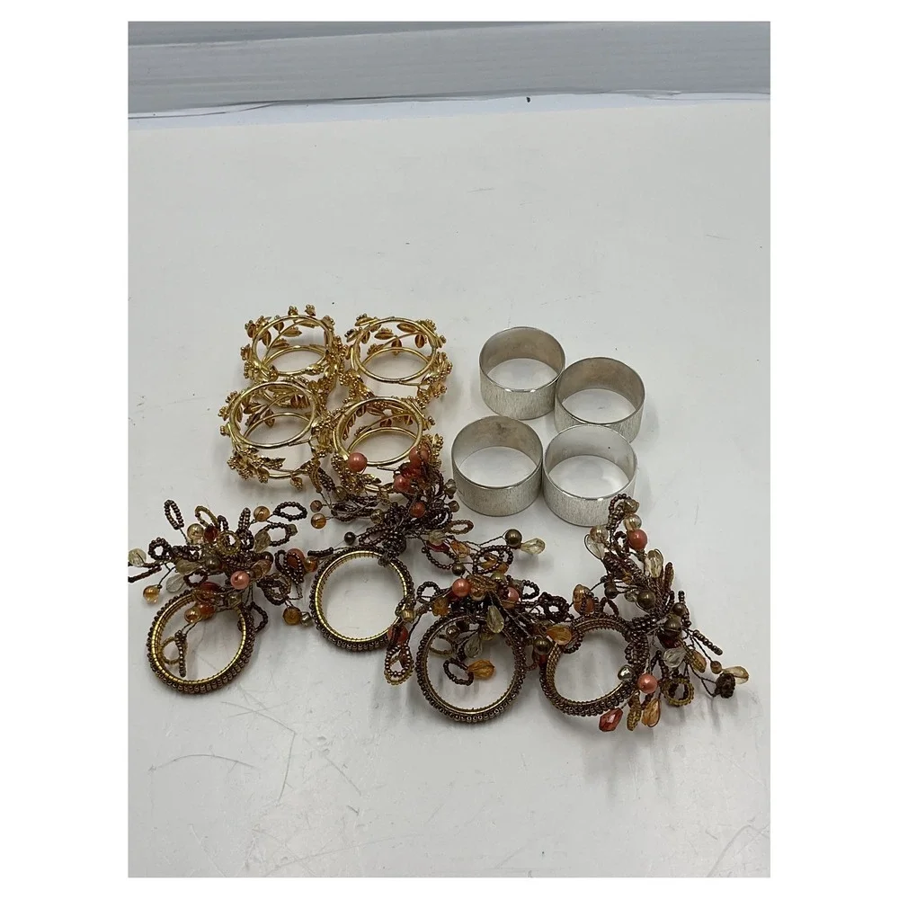 Vintage Napkin Rings Set of 12 Mixed‎ Styles Gold Leaf Silver Beaded Filigree